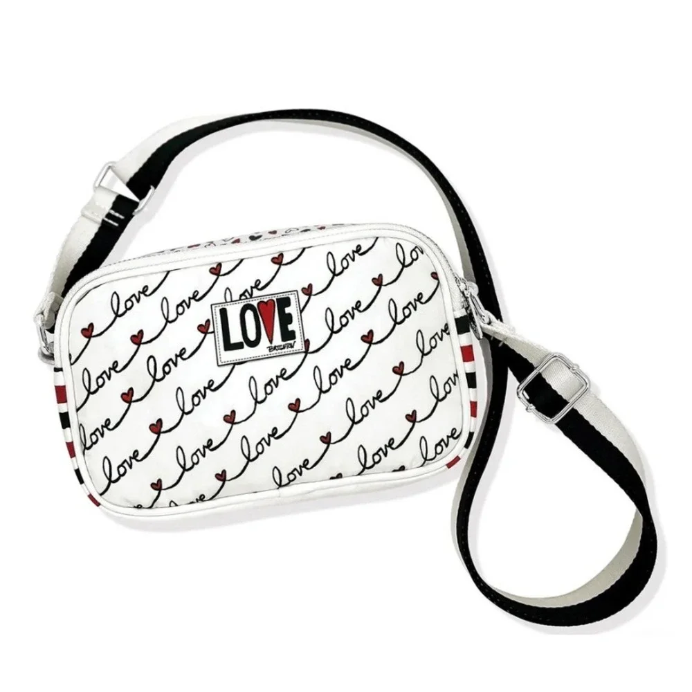 Brighton Love Scripted Canvas Crossbody Camera Bag Heart Striped Sporty Travel